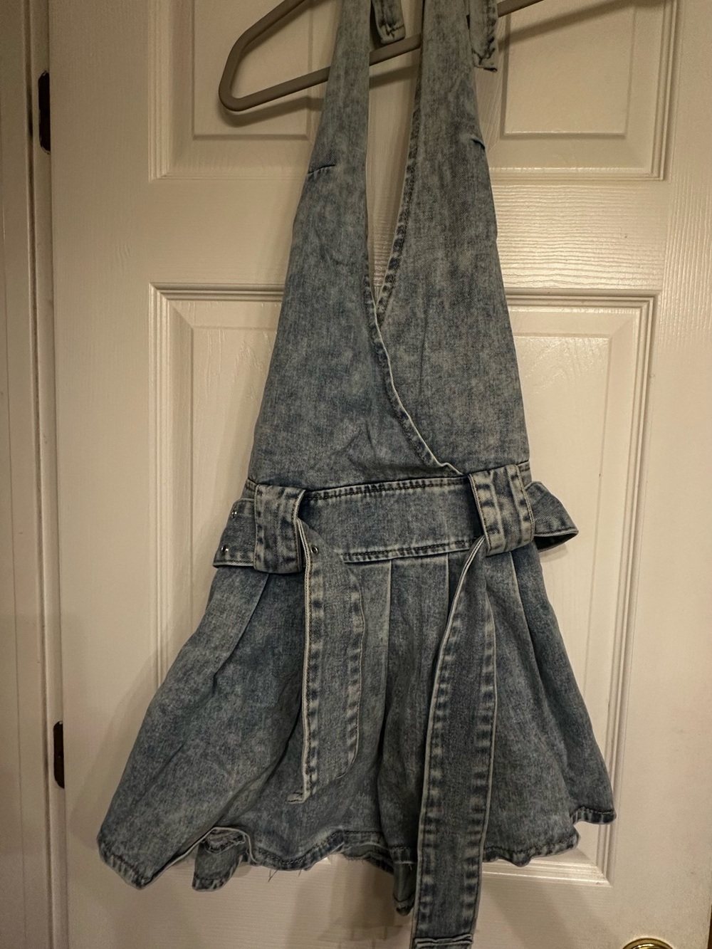 Girls Acid-Wash Denim Pinafore Dress with Belt - Blue